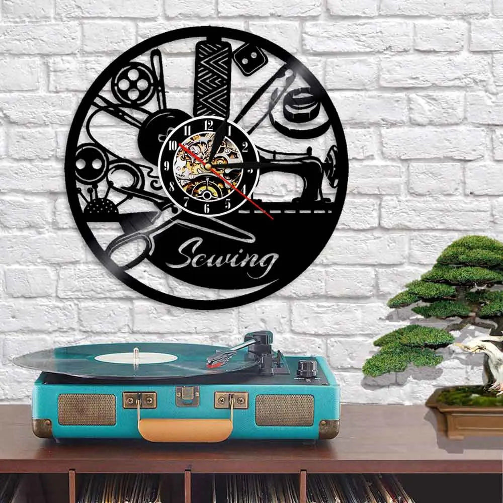 Sewing Retro Vinyl Record Wall Clock Sewing Machine Decorative Quilter Art Wall Decor Clock 3D Wall Watch Unique Gift