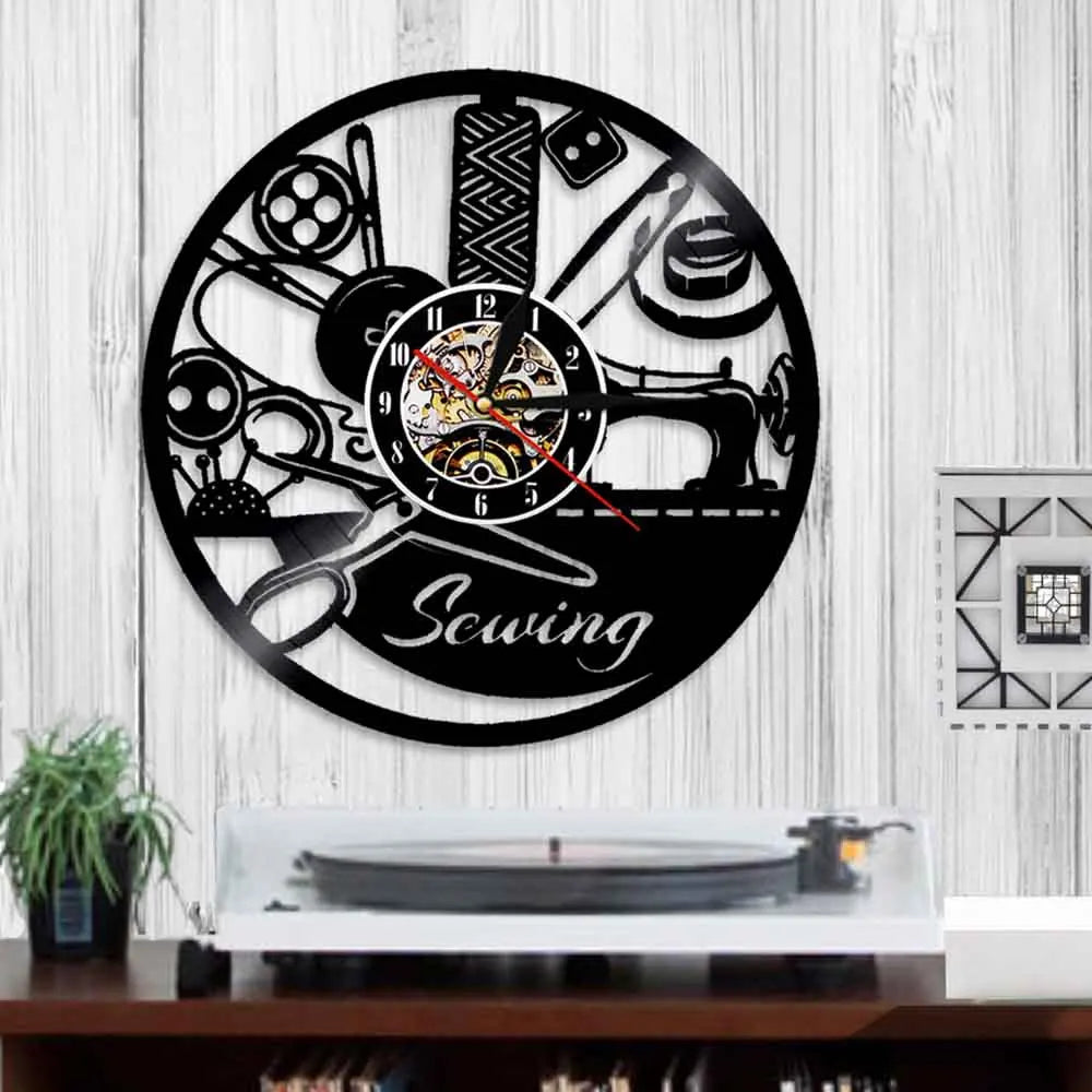 Sewing Retro Vinyl Record Wall Clock Sewing Machine Decorative Quilter Art Wall Decor Clock 3D Wall Watch Unique Gift