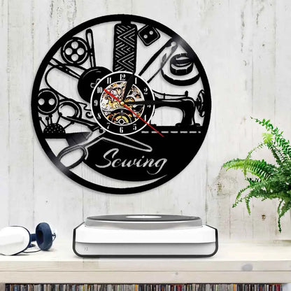 Sewing Retro Vinyl Record Wall Clock Sewing Machine Decorative Quilter Art Wall Decor Clock 3D Wall Watch Unique Gift